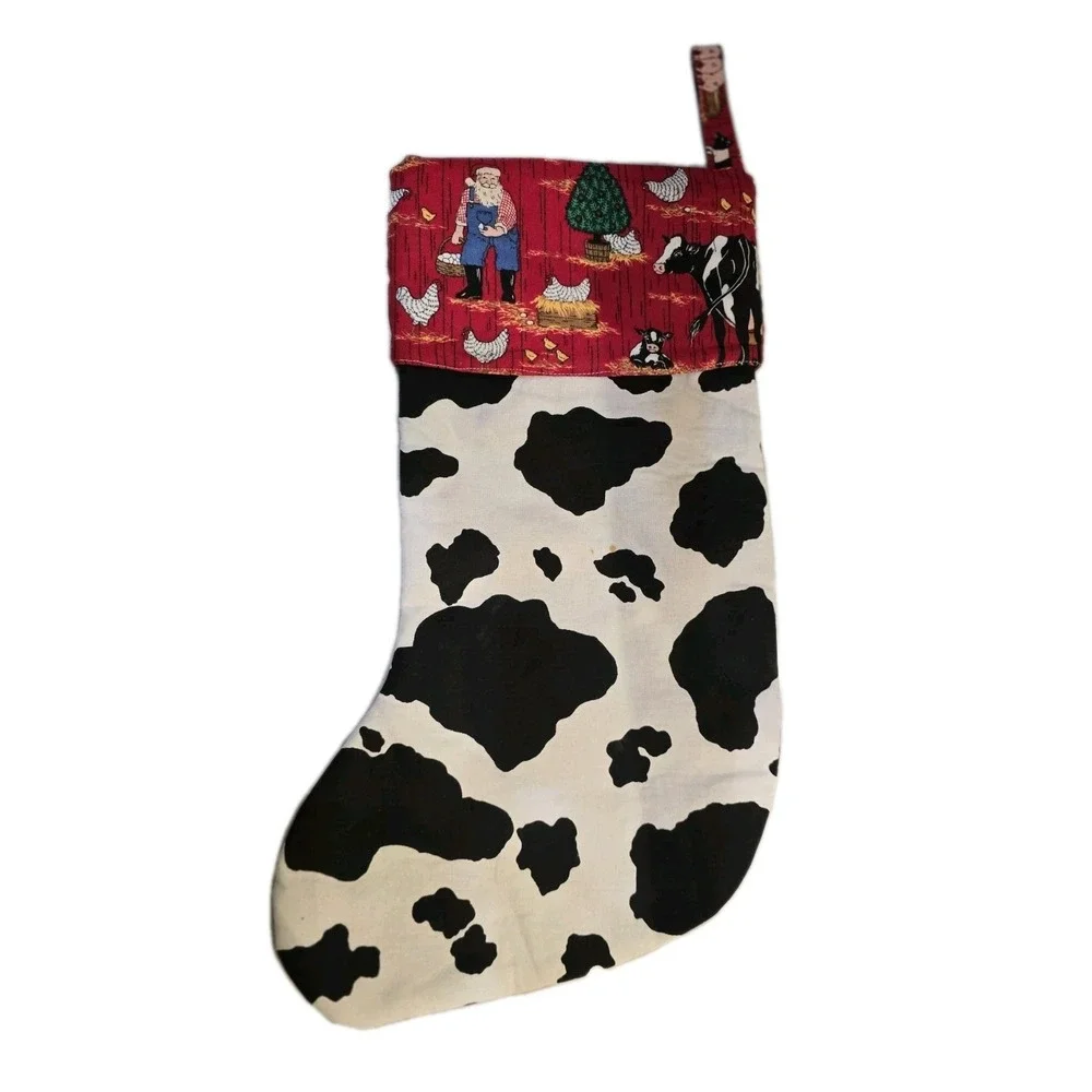 Lot Of 2 Christmas stockings black & white cow print farm Animals‎ Farmer Santa